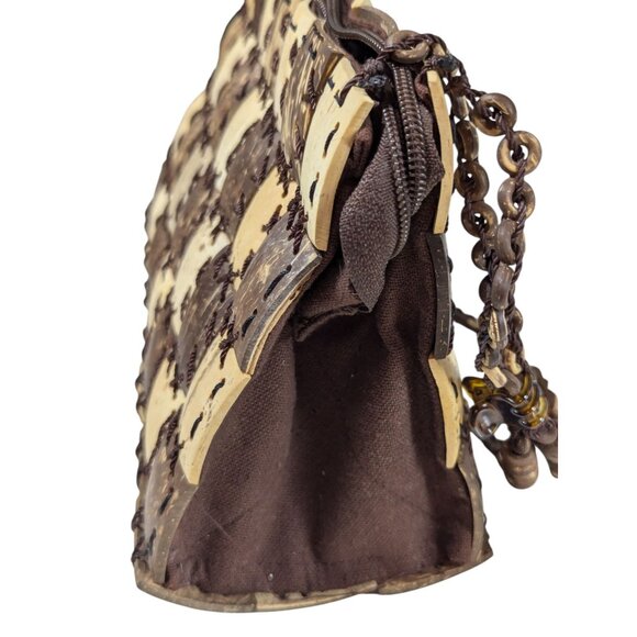 Coconut Shell Checkerboard Purse With Beaded Shoulder Strap & Zip Closure - Picture 6 of 8